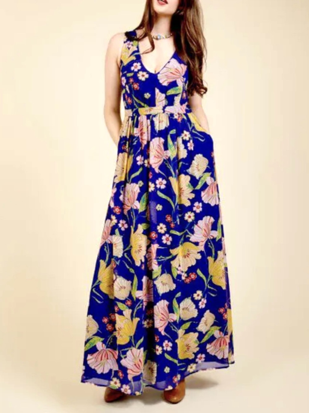 ModCloth Sapphire Floral Muster V-Neck Maxi Dress
